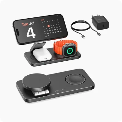 Afbeelding van Voomy 3 in 1 Draadloze Oplader (15W Snellader) Opvouwbaar Geschikt voor MagSafe iPhone, Apple Watch, AirPods iOS &amp; Android Zwart