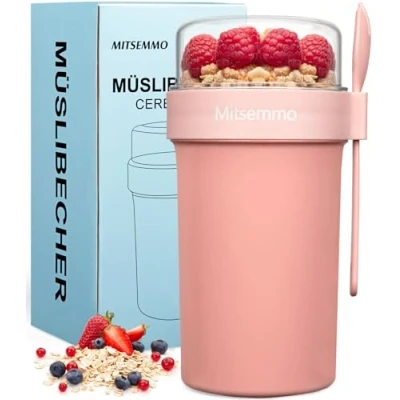 Afbeelding van Mitsemmo mueslibeker to go, 760 ml + 230 ml, yoghurtbeker go met lepel, cornflakes mueslibeker, ontbijtdoos, mueslibox, yoghurt beker (roze)