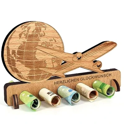 Afbeelding van houten geldcadeau voor verjaardag, reizen, vliegtuigcadeau, huwelijksreis, geldcadeau, decoratie vrienden, familie, vrouwen en mannen