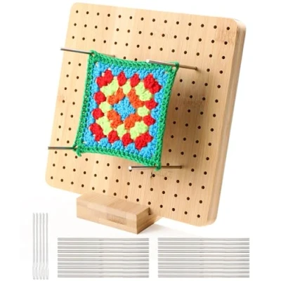 Afbeelding van Huifoo Vergrendelplank voor Granny Square, handgemaakt houten blokbord, haken, blokkeerbord Squares met 20 roestvrij staal, staafpennen en 5 naalden, 1 standaard brei