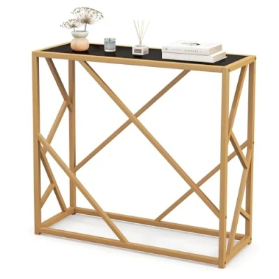 Afbeelding van COSTWAY Consoletafel, haltafel met gehard glas en goudkleurig metalen frame, smal, console, bijzettafel voor woonkamer, hal, slaapkamer, 80 x 30 75 cm
