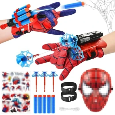 Afbeelding van Spider Launcher handschoenen, set van 2 launcherhandschoenen, Super Launcher, Kids Hero handschoenen met masker en sticker, polsspeelgoedset, cadeau voor