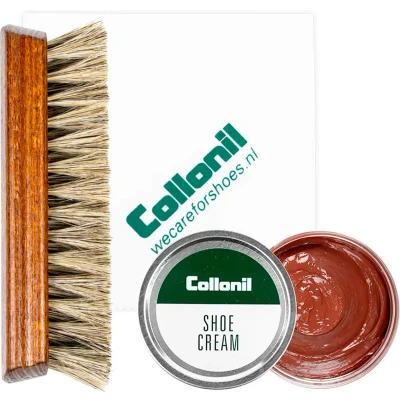 Afbeelding van Collonil Schoenpoets set 3 delig Shoe cream Poetsdoek Borstel Bruin Scotch