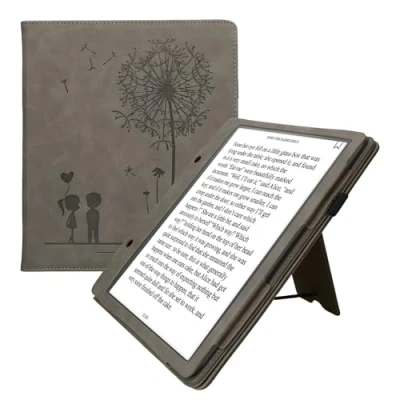 Afbeelding van kwmobile E reader hoesje geschikt voor Amazon Kindle Scribe hoes flip case van kunstleer Ereader cover met stand Paardenbloemen Liefde design in grijs