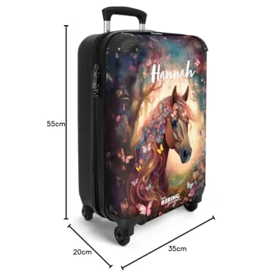 Afbeelding van NoBoringSuitcases.com® Kinderkoffer meisje roze paard trolley koffer kind met naam Handbagage meisjes Reiskoffer lichtgewicht Past binnen 55x40x20 en 55x35x25