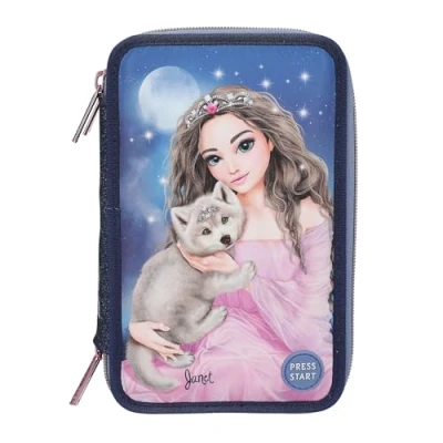 Afbeelding van Depesche 13150 TOPModel LED Wolf Gevulde 3 vaks etui in donkerblauw, met modelmotief en lampjes, kleurpotloden, liniaal, schaar nog veel meer.