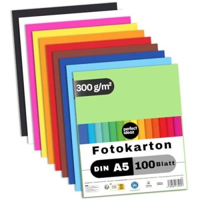 Afbeelding van perfect ideaz 100 vel DIN A5 fotokarton gekleurd, knutselpapier, doorgeverfd, 10 verschillende kleuren, 300 g/m², gekleurd tekenpapier voor knutselen, set gekleurde vellen, doe het zelf