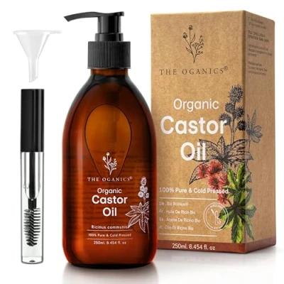 Afbeelding van The Oganics® Castor Oil 250ml Organic 100% Pure, Cold Pressed, Natural for Eyelashes, Eyebrows, Hair &amp; Nails Vegan, Cruelty Free Glass Bottle + Pump Mascara Kit