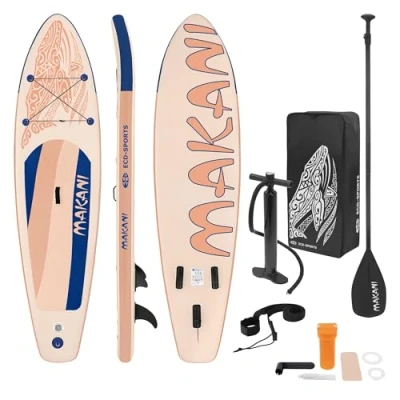 Afbeelding van ECD Germany Opblaasbaar Stand Up Paddle Board Makani 320 x 80 15 cm Abrikooskleurig Stevig PVC draagkracht tot 120 kg met toebehoren zoals pomp en draagtas diverse SUP peddelplanken