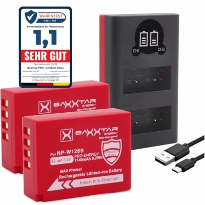 Afbeelding van Baxxtar Pro accu NP W126s W126 MaxProtect V1 (2X / 1140mAh) met actieve NTC sensor en beschermende behuizing oplader Mini 1861 (USB Dual LCD) Fuji X100VI X T20 T30 II T50 enz.