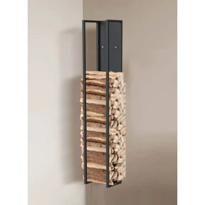 Afbeelding van DanDiBo Brandhoutrek voor binnen, metaal, zwart, haardhoutstandaard met achterwand aan de muur, hangende houten mand, haardhouthouder, rek (hoogte 140 cm)