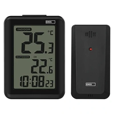 Afbeelding van EMOS Digitale thermometer met draadloze buitensensor, binnen en buitenthermometer hygrometer, achtergrondverlichting, weergave min. max. meetwaarden, wekker snooze functie, werkt op