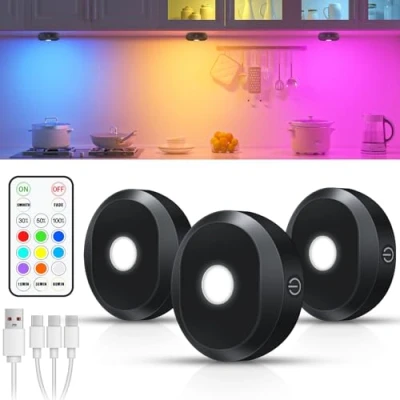 Afbeelding van WILLED RGB Keukenverlichting onder kast Oplaadbaar，Puck Lights met afstandsbediening,3 kleurtemperaturen Draadloze LED Spot Afstandsbediening voor kasten, keukenkasten en