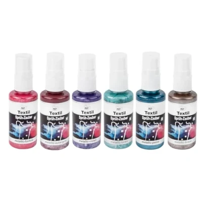 Afbeelding van textiel spuitverf &quot;Spuit Zauber&quot; metallic, 6x 50ml sterk gepigmenteerd hoogste glans voor licht en donker op waterbasis (set 2 fuchsia, turquoise, violet, petrol, aubergine, bruin)