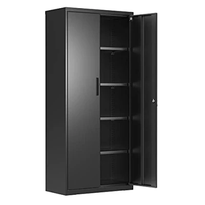 Afbeelding van SONGMICS Stalen opbergkast, multifunctionele met 4 planken, dubbele deuren, slot, gereedschapskast, verstelbare voor garage, studeerkamer, zwart OMC015B01