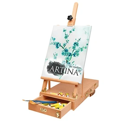 Afbeelding van Artina Le Mans ezel Set van beukenhout tafelezel voor gespannen frames tot 56 cm kleine kantelbare met lade schildersezel verstelbare hellingshoek
