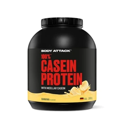 Afbeelding van Body Attack 100% caseïneproteïne, banaancrème, 1,8 kg blikje, hoogwaardig proteïnepoeder voor spieropbouwtraining, langdurige eiwitverzorging, ideale aanvulling op wei proteïne