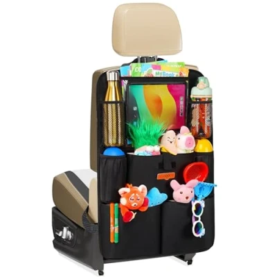 Afbeelding van SURDOCA autostoelorganizer 4e generatie opgewaardeerde auto achterbankorganizer voor maximaal 10.5 iPad, 9 zakken kinderspeelgoedopslag Waterdichte achterbankbeschermer kinderen, zwart, 1 stuks