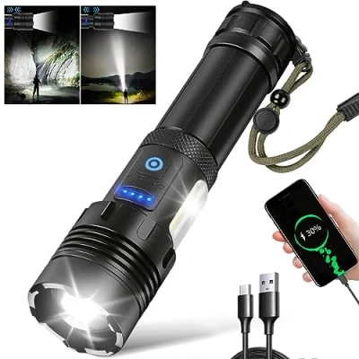Afbeelding van zaklamp LED 10.000 lumen, zaklamp, extreem helder met COB werklamp, oplaadbaar, USB waterdicht, 7 modi, zoombaar, tactische voor kamperen, wandelen, noodgevallen