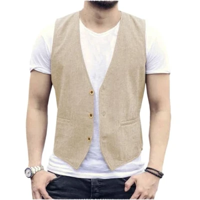Afbeelding van AeoTeokey Heren zomer linnen vest pak casual regular fit, champagne, XL