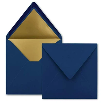 Afbeelding van FarbenFroh by Gustav Neuser 25 enveloppen voor brieven, vierkant, 15,5 x cm, donkerblauw, gevoerd met goudkleurig papier, natte plakrand