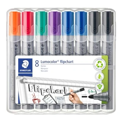Afbeelding van STAEDTLER Flipchart marker Lumocolor, ronde punt ca. 2 mm lijnbreedte, lange levensduur, navulbaar, kleurintensief, reukloos, hoge kwaliteit Made in Germany, set van 8 kleuren, 356 WP8 X