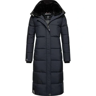 Afbeelding van MARIKOO Reliziaa Lange winterjas voor dames, warme gewatteerde jas, met afneembare capuchon, XS XXL, Donkerblauw, S