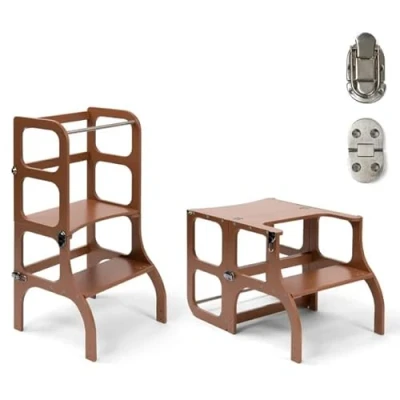 Afbeelding van Ette Tete Step &#039;n Sit Leertoren Mocha Mousse met zilver clips Inklapbaar tot tafel en stoel Learning Tower Montessori inspired Keukentrap Keukenhulp Leerstoel Veilig Duurzaam
