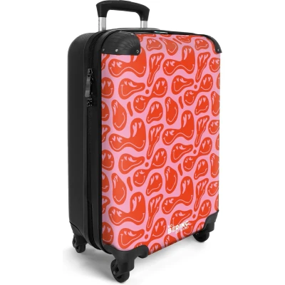 Afbeelding van NoBoringSuitcases.com® Handbagage koffer lichtgewicht Reiskoffer trolley Roze met rode smileys Rolkoffer wieltjes Past binnen 55x40x20 en 55x35x25