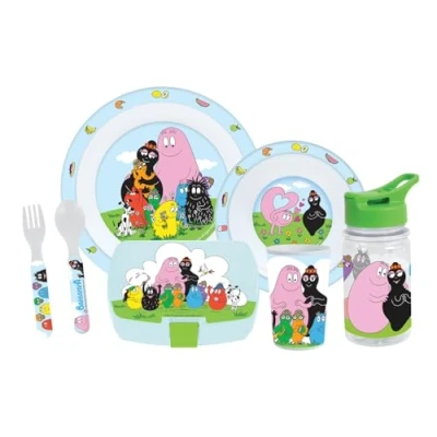 Afbeelding van Serviesset FUN HOUSE BARBAPAPA Glas, bord Ø22 cm en Ø16 cm, bestek, waterfles snackbox