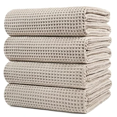 Afbeelding van POLYTE Microvezel oversized sneldrogende pluisvrije badhanddoek, 152 x 76 cm, 4 stuks (beige, wafelweefsel)
