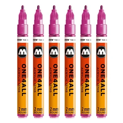 Afbeelding van Molotow Acryl Marker One4All 127HS (2 mm punt, hoog dekkend en permanent, UV bestendig, voor bijna alle ondergronden) #225 metallic roze, 6 pack
