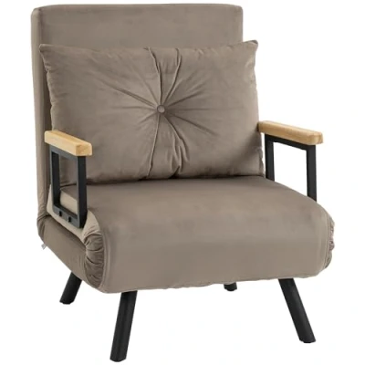 Afbeelding van HOMCOM Slaapbank, opklapbed met bedfunctie, relaxstoel rugkussen, gestoffeerde bank verstelbare rugleuning, fluwelen look, 63 x 73 81 cm, lichtbruin