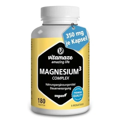 Afbeelding van Magnesium Complex 350 mg Elementair zuiver Magnesium, 180 Veganistische Tabletten voor 6 Maanden, Citraat, Carbonaat en oxide, Natuurlijke Voedingssupplement zonder Additieven, Made in Germany