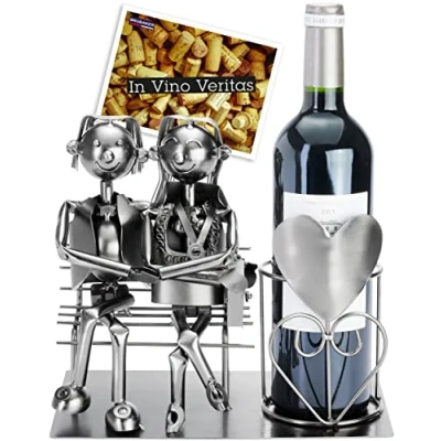 Afbeelding van BRUBAKER Flessenhouder Lovers on Bench Wijnfles Houder Zilver Flessenrek Metaal Figuur Liefde Metalen Sculptuur Cadeau voor Gehuwden met Cadeaubon Wijnrek