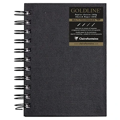 Afbeelding van Clairefontaine Ref 34258C Goldline Wirebound Pad (64 witte vellen) A6 formaat, 140gsm papier, portretlay out zwarte omslag geschikt voor droge technieken