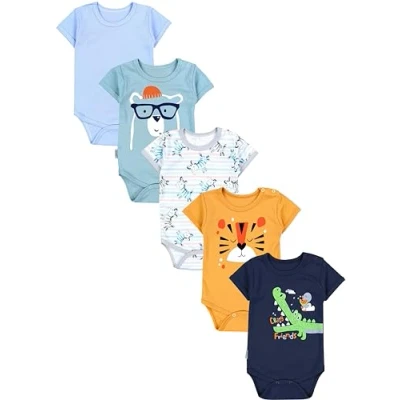 Afbeelding van TupTam Baby Jongens Romper met Korte Mouwen 5 Pack, Krokodil/Donkerblauw/Tijger/Mosterdgeel/Zebra/Blauw, 104