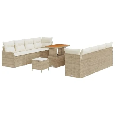 Afbeelding van vidaXL 11 delige Tuin Sofa Set met Kussens Beige Poly Rattan Acacia, 2 Zits Opslag &amp; Rattan, 3 Eet Acacia