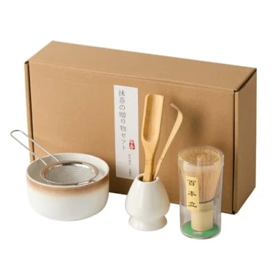 Afbeelding van MEIRRAI 6 delige Matcha Set met Klopper Bamboe, Keramische Kom en Bezemhouder, Handgemaakte Lepel, Zeef, Cadeauset Theeceremonie, Eenvoudig te Reinigen
