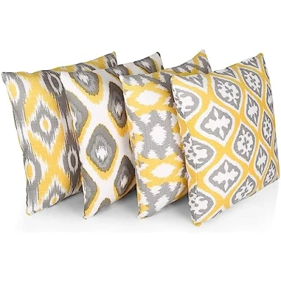 Afbeelding van Penguin Home 100% Katoen Decoratieve Dubbelzijdige Vierkante Kussenhoezen Met Onzichtbare Rits 4 Delige Set, 45 cm Lengte x Breedte, Geel/Grijs Patroon