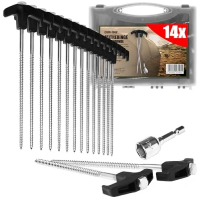 Afbeelding van COM FOUR® 14x stalen haringen met adapter voor accuschroevendraaier schroefharingen in transportbox robuuste grondharingen schroefdraad kamperen en buiten harde grond