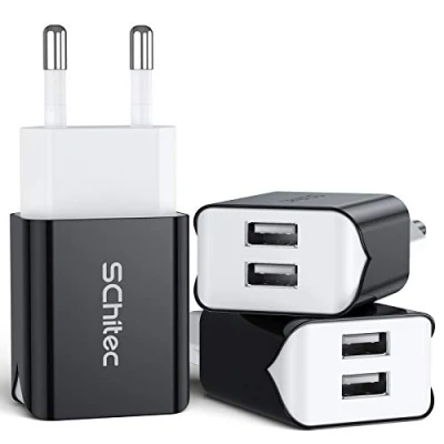 Afbeelding van SCHITEC USB Oplader Stekker, 3 Stuks 2 Poorten, 5 V/2,1 A Adapter Oplaadadapter voor Mobiele Telefoon Netstekker iPhone 11 X 8 7, Samsung Galaxy S10, S9, S8, iPad Pro, tablet en meer (Zwart)