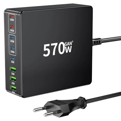 Afbeelding van HSSNS 570W USB C oplader meervoudig: 8 poorts laadstation met 5 en 3 A, Charger Dual PD PPS voeding voor laptop, MacBook, iPad, iPhone 16, Sumsung enz
