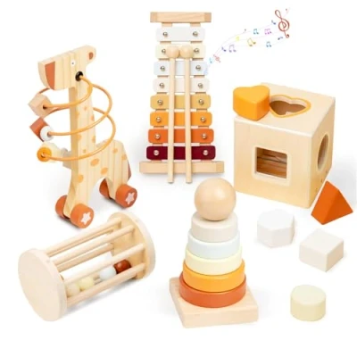 Afbeelding van Smartwo Montessori Speelgoedset vanaf 1 jaar, 5 in houten babyspeelgoed 12 maanden, pedagogisch motoriekspeelgoed, incl. stapeltoren vormensortier Xylofoon, cadeau voor 2 3 jarige meisjes