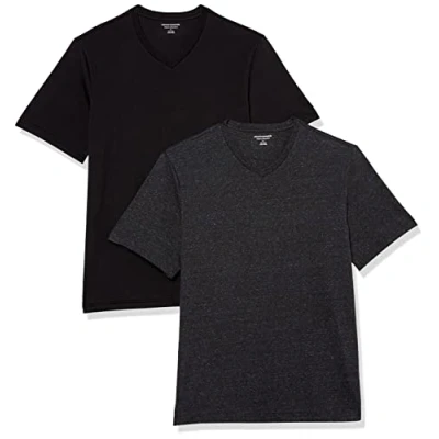 Afbeelding van Amazon Essentials Heren Regular Fit T shirt met korte mouwen en V hals (verkrijgbaar in Big &amp; Tall), 2 stuks, zwart/houtskool heather, XS