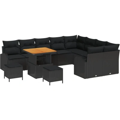 Afbeelding van vidaXL 12 delige tuinsofa set met kussens zwart poly rattan acacia, 2 zits opslag en rattan, 3 tuin eetset acacia