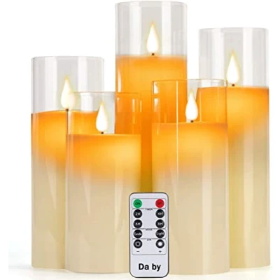Afbeelding van Da by LED kaarsen met glazen effect 4&quot; 5&quot; 6&quot; 7&quot; 8&quot; Set van 5 Drip Minder Real Wax Pillars Inclusief Realistische Dancing Vlammen en 10 Key Afstandsbediening 24 uur Timer Functie