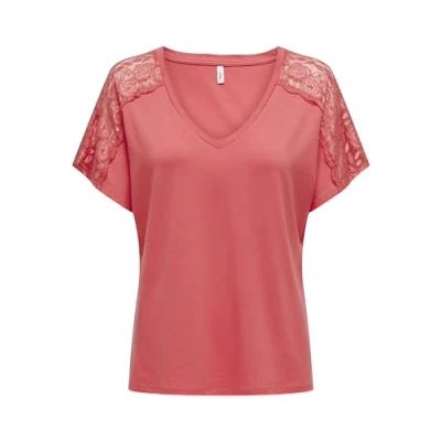 Afbeelding van ONLMOSTER S/S V hals Lace Top JRS, roze of sharon, L