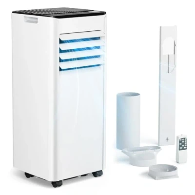 Afbeelding van mobiele airconditioning met afvoerslang, 7000 BTU, 4 in 1 airconditioner, stille werking, digitaal display + afstandsbediening, raaminstallatieset, 24 uurs timer, voor ruimtes tot 20 m²