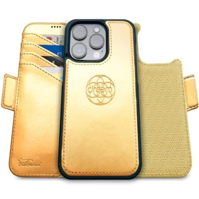 Afbeelding van Dreem Fibonacci compatibel met iPhone 16 Pro Max portemonnee case / 2 in 1 schokbestendig hoesje en afneembare veganistisch lederen folio, MagSafe, RFID bescherming [Goud]